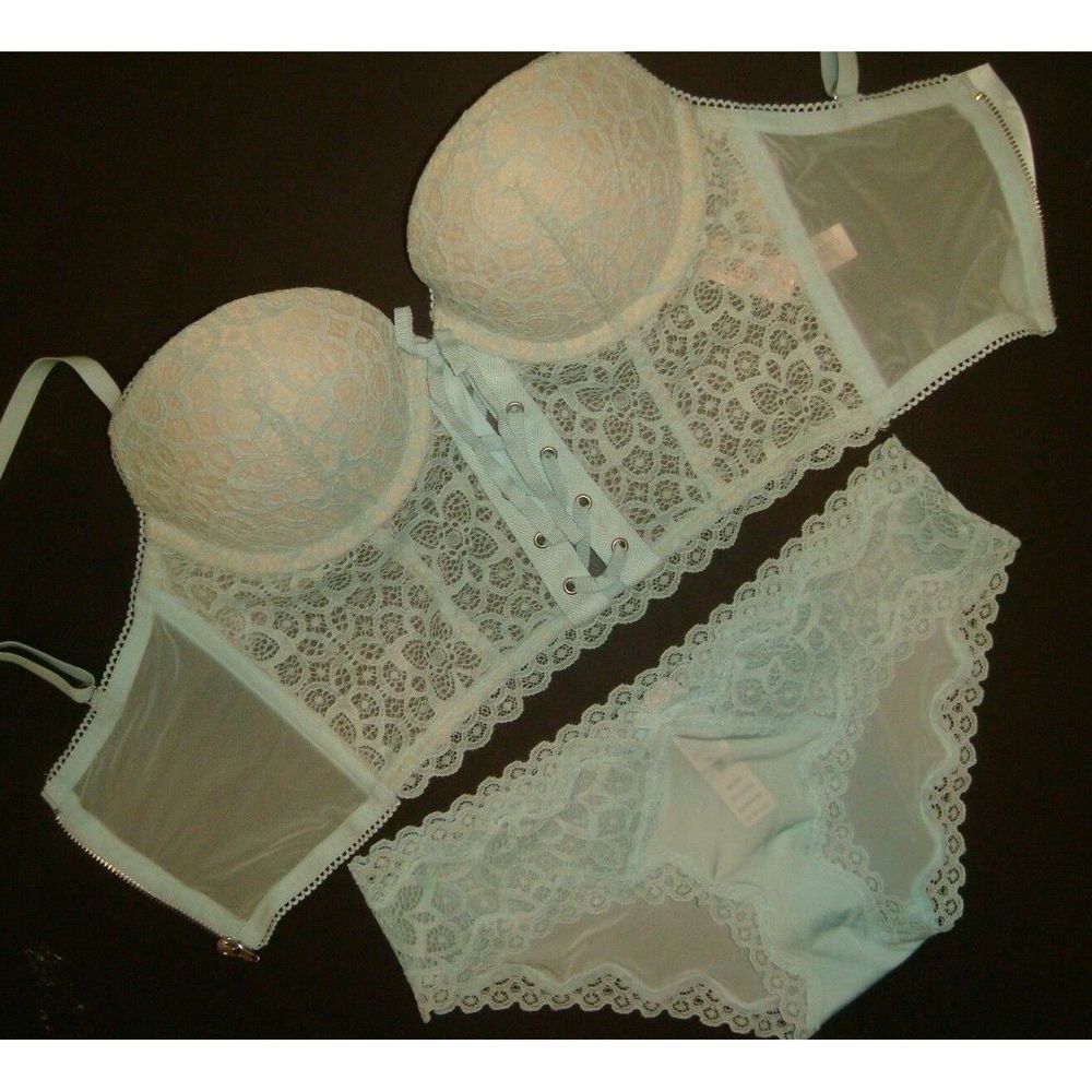 NWT Victoria's Secret longline 32C,32D BRA SET XS panty BLUE beige floral lace